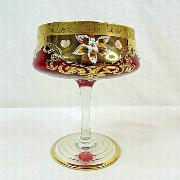 Vintage Bohemian Crystal Ruby Red Wine Glass Floral CAM Stem Set of 2 - Picture 3 of 6